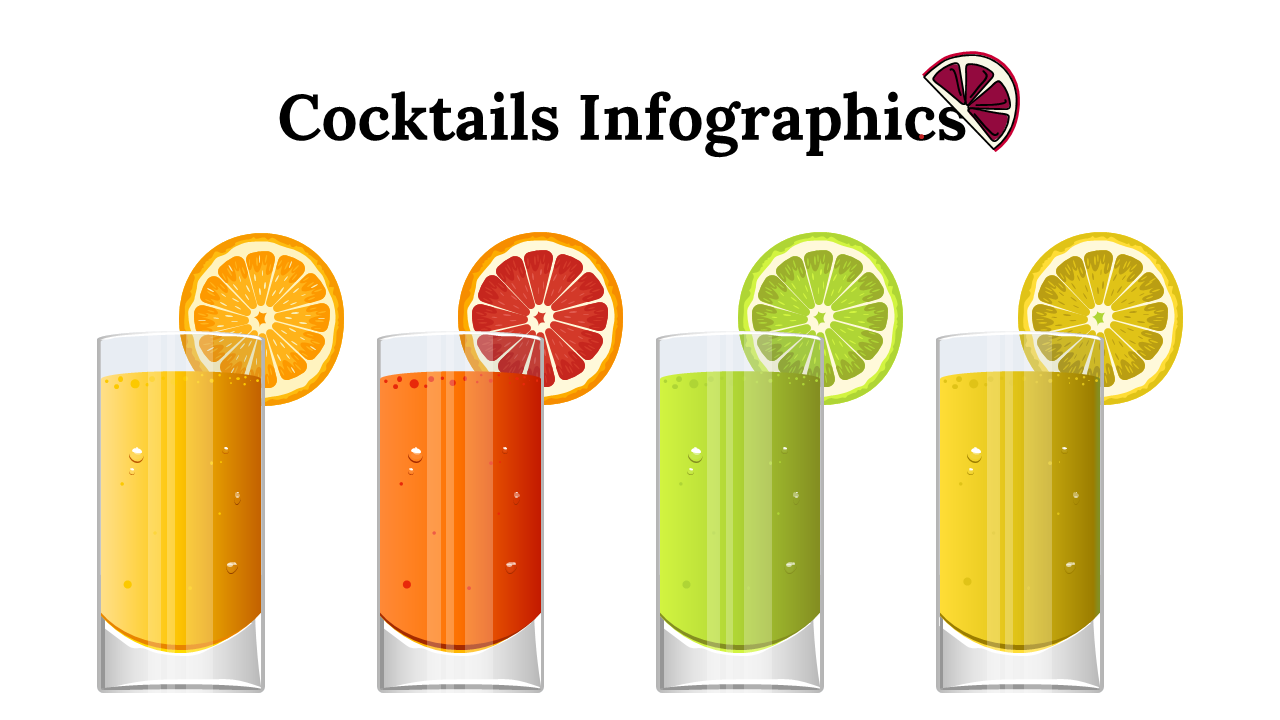 Colorful cocktail themed infographic slides with visual recipes, ingredient breakdowns, and global popularity map with icons.