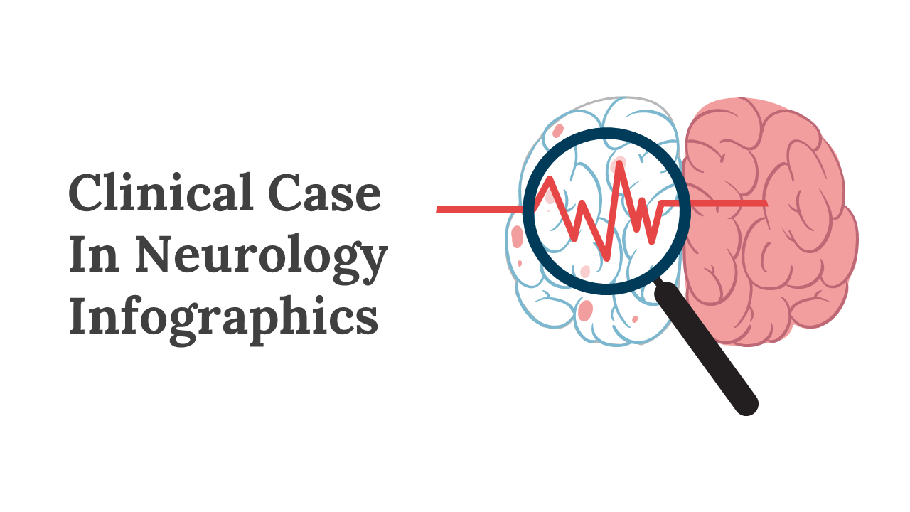 Slide for neurology infographics, featuring a brain diagram under a magnifying glass, along with the text.