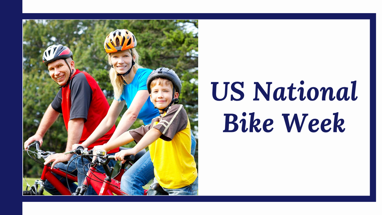 Slide deck on US national bike week with images, charts, and text about biking history, types, and national events.