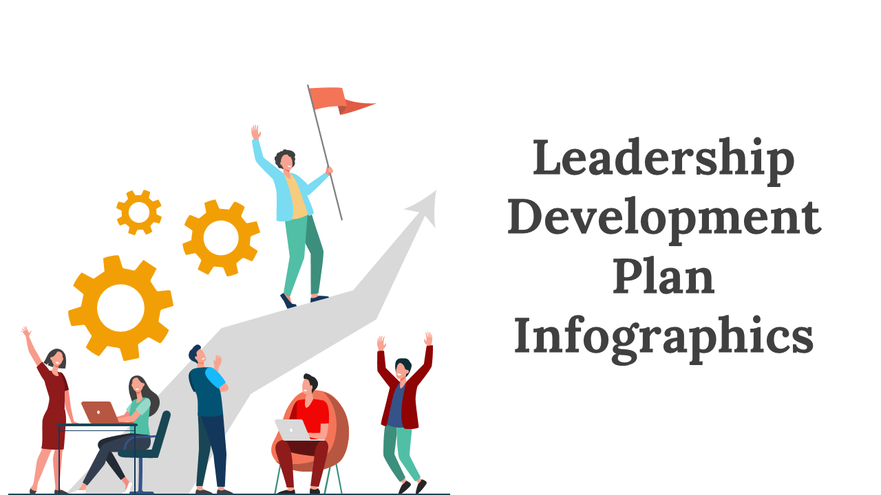 Leadership development plan infographics, slide deck featuring a of a team of people standing celebrating success.