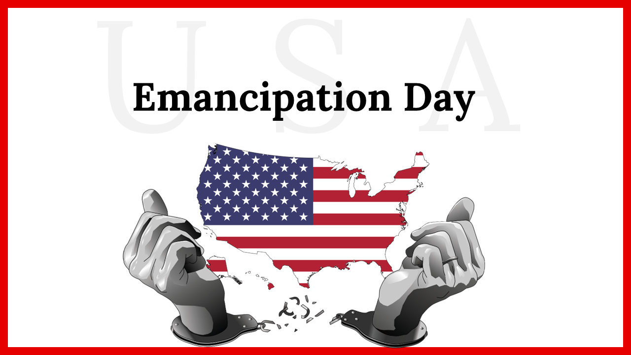 Emancipation Day presentation slide deck with historical content, key figures, and statistics on slavery.