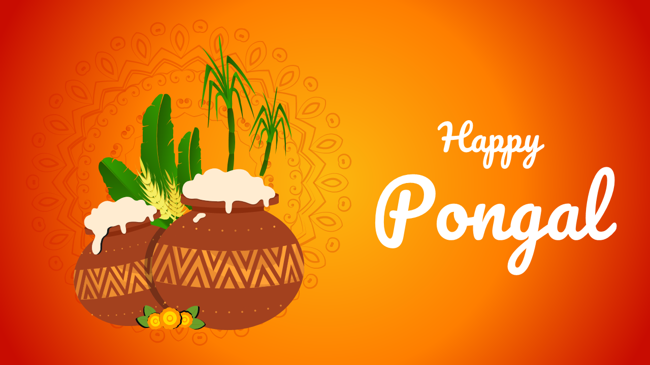 Slide deck with an orange and red theme featuring illustrations of Pongal pots, sugarcane, and traditional festival scenes.