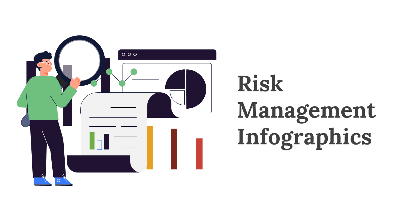 Risk management slide deck displaying circular charts, icons, and text areas with various infographic designs.