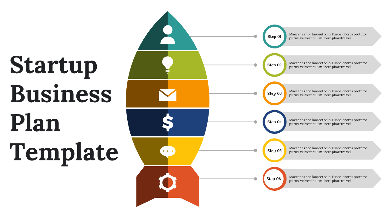 Startup business plan slide deck showcasing colorful diagrams, charts, and process-oriented templates.