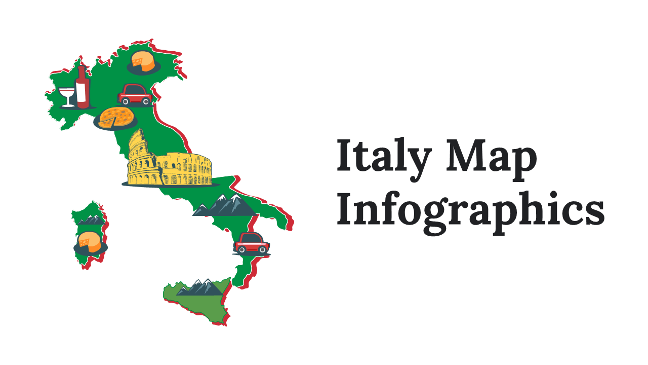 Italy map slide deck featuring vibrant illustrations, statistics, and customizable infographic elements.