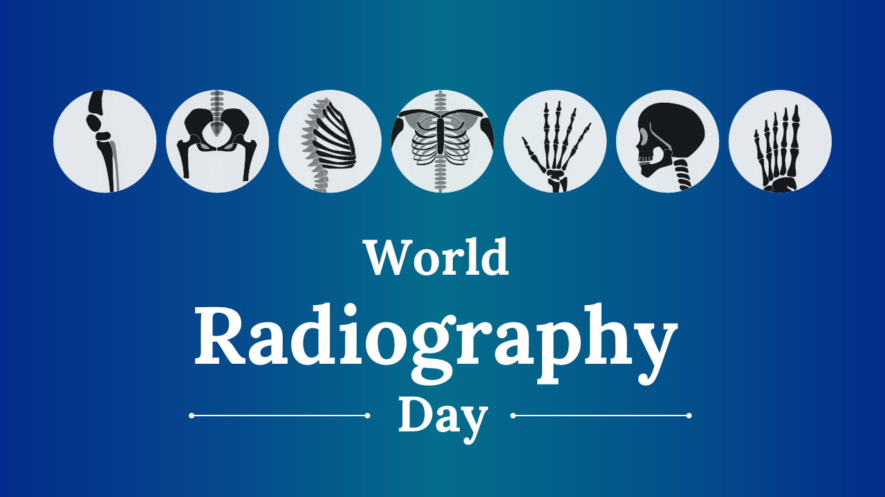 Blue themed radiography slides with icons of body parts, x-ray visuals, and charts explaining the importance and history.