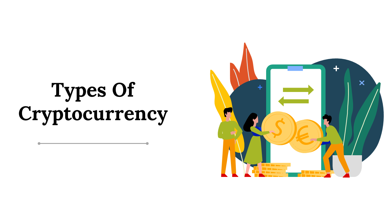 Collection of slides showcasing various types of cryptocurrency with visuals like icons, infographics, and tables.