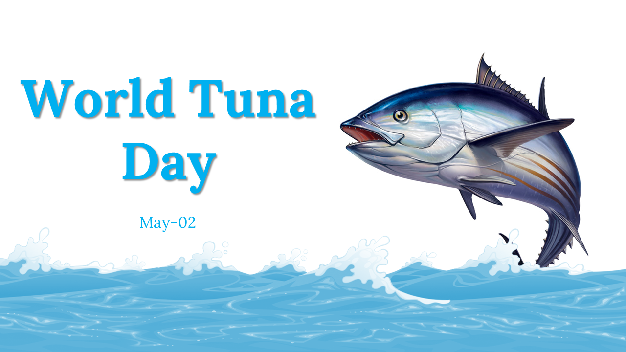 World tuna day slide deck featuring a large tuna fish illustration over a blue ocean background.