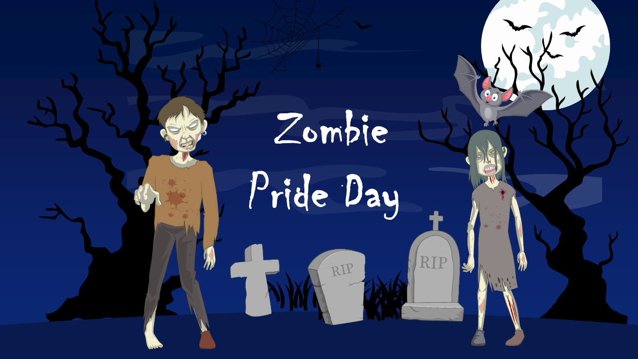 Slide deck highlighting various types of zombies and their characteristics, with colorful illustrations and spooky graphics.