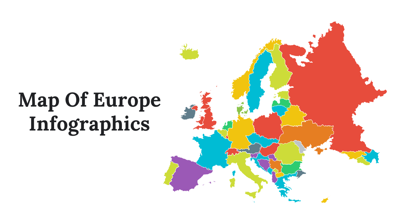 European map infographic slide deck with elements including pie charts, bar graphs, and icons.