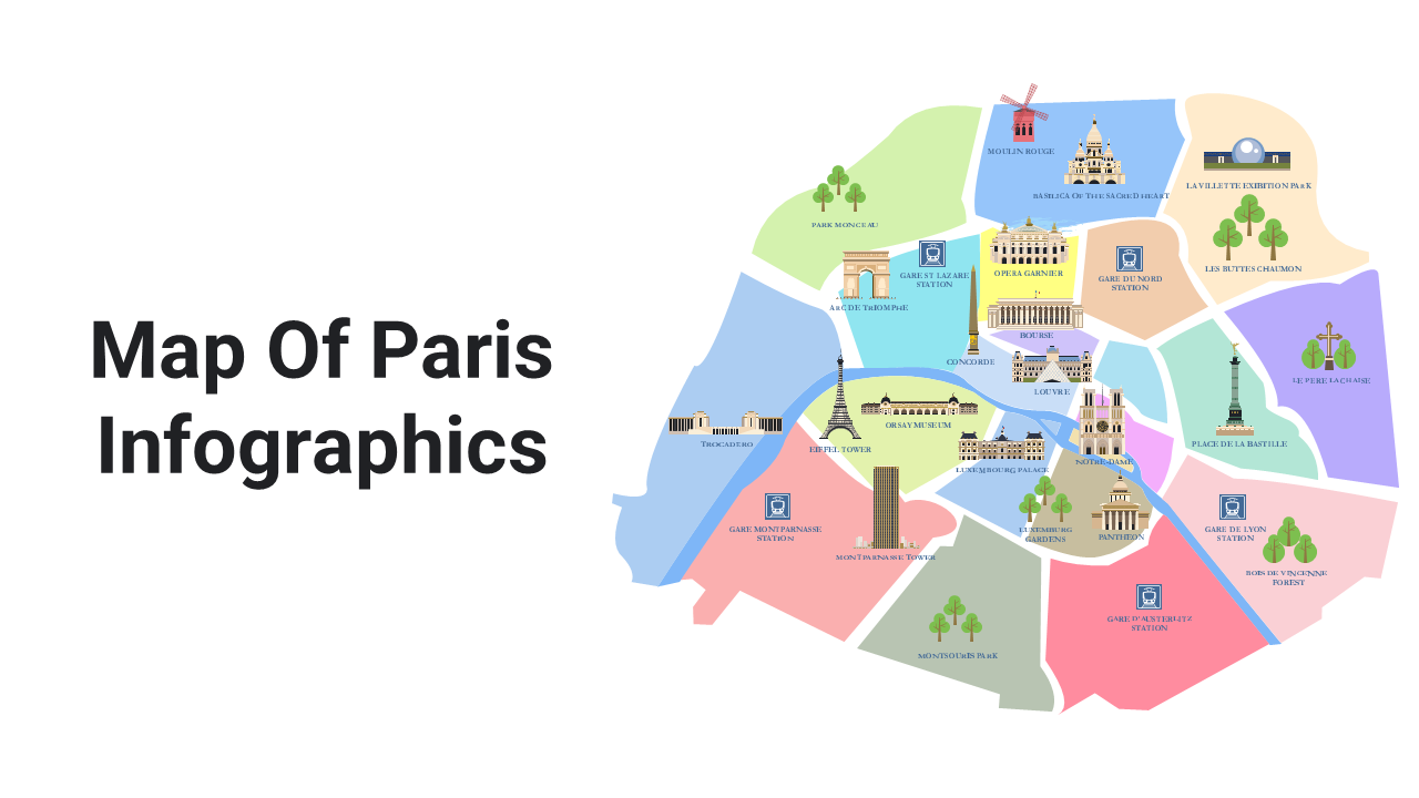 Infographic slides showing detailed maps of Paris with colorful regions, landmarks, and data visualization elements.