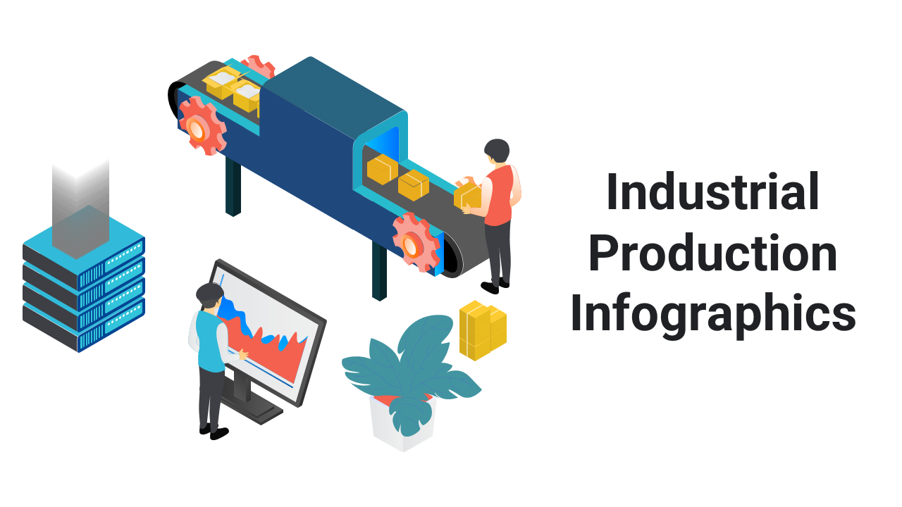 Pack of slides with colorful industrial infographics, featuring machinery, icons, charts, and production-related visuals.