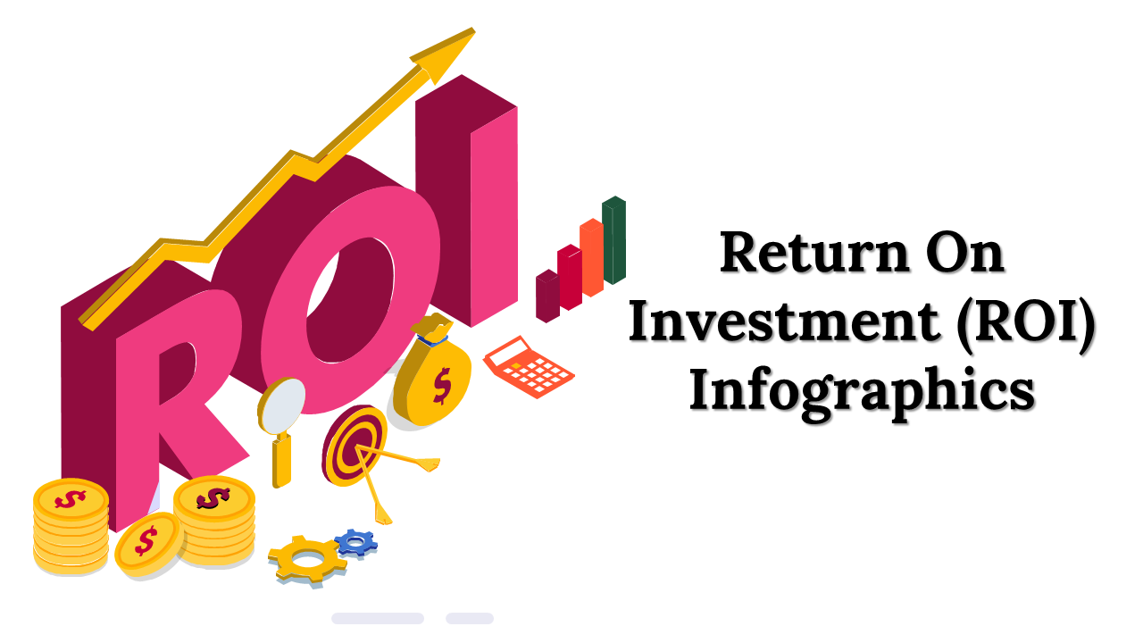 Infographics slide deck cover for ROI with illustrated letters and slide previews featuring financial and investment visuals.