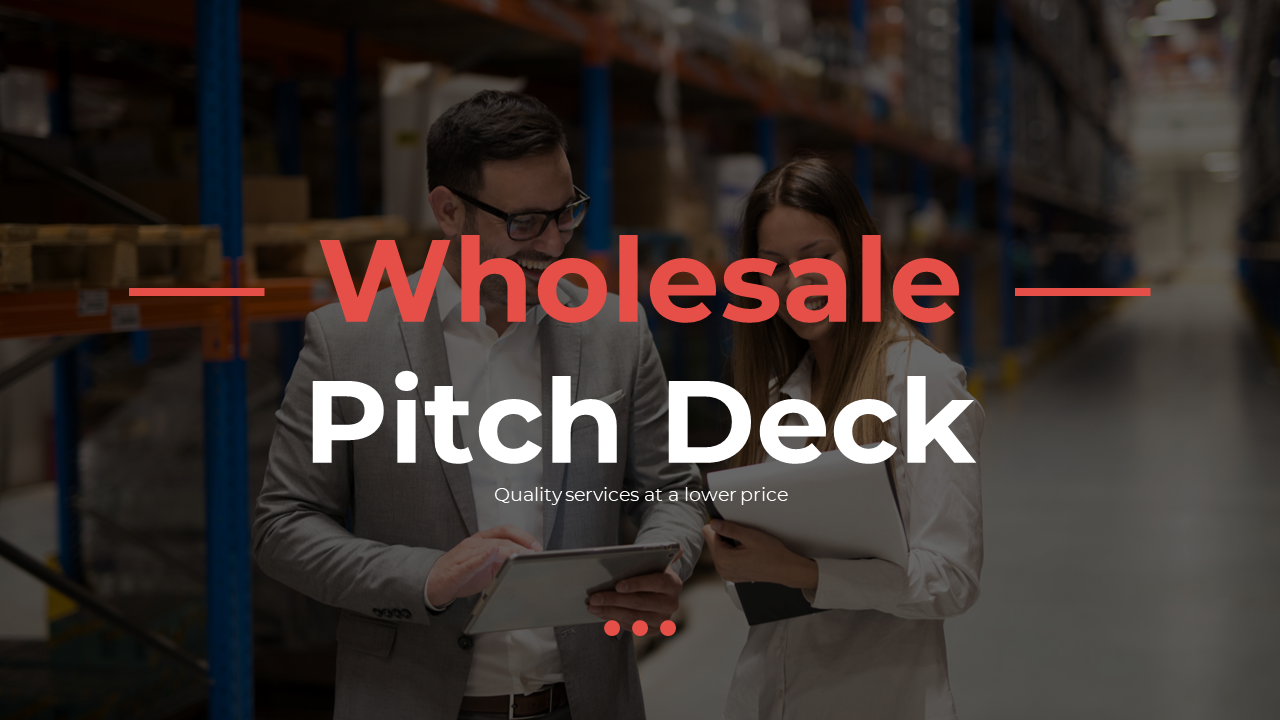 Wholesale pitch deck slides showcasing company overview, solutions, and SWOT analysis in a professional presentation format.