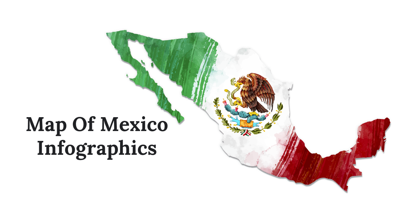 Collection of Mexico map showing demographics, data visualizations, and regional markers with icons in national colors.