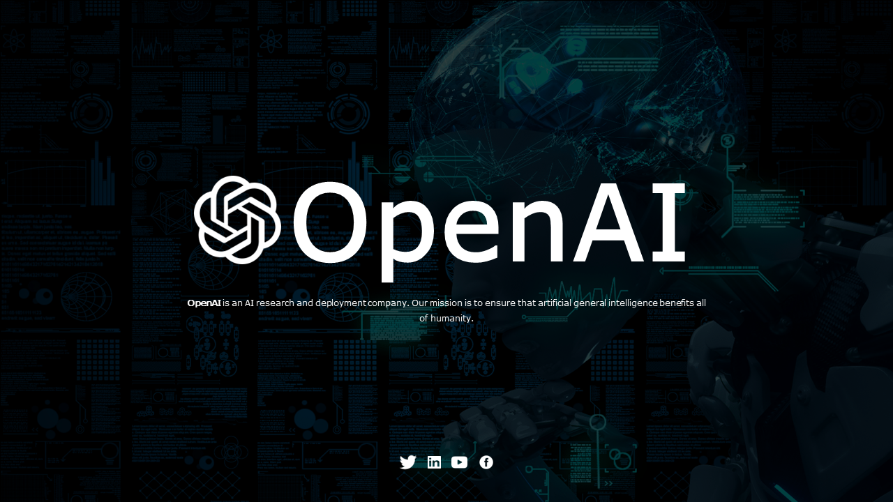 Slides showing open AI's with topics like goals, mission, milestones, Chat GPT, and API usage, in a modern layout.