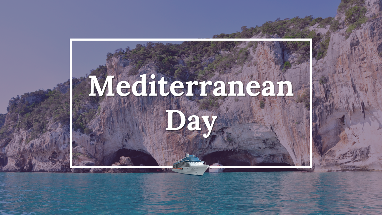 Slide deck for Mediterranean Day, including oceans, climate data, geographical maps, and information sections in a layout.