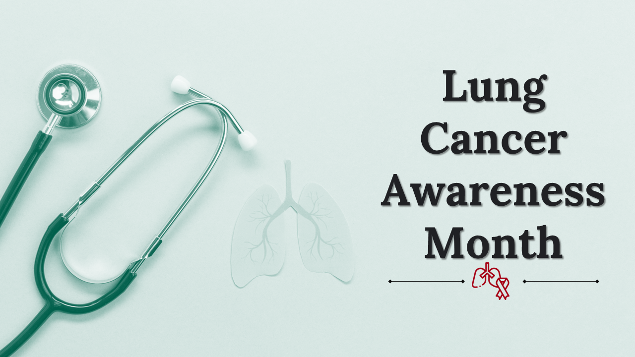 Lung Cancer Awareness Month slides featuring an introduction and various sections on diagnosis, treatment, and prevention.