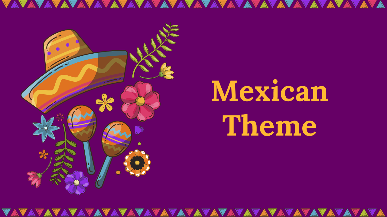 Slide deck with purple background and traditional Mexican illustrations outlining history, facts, and celebration.