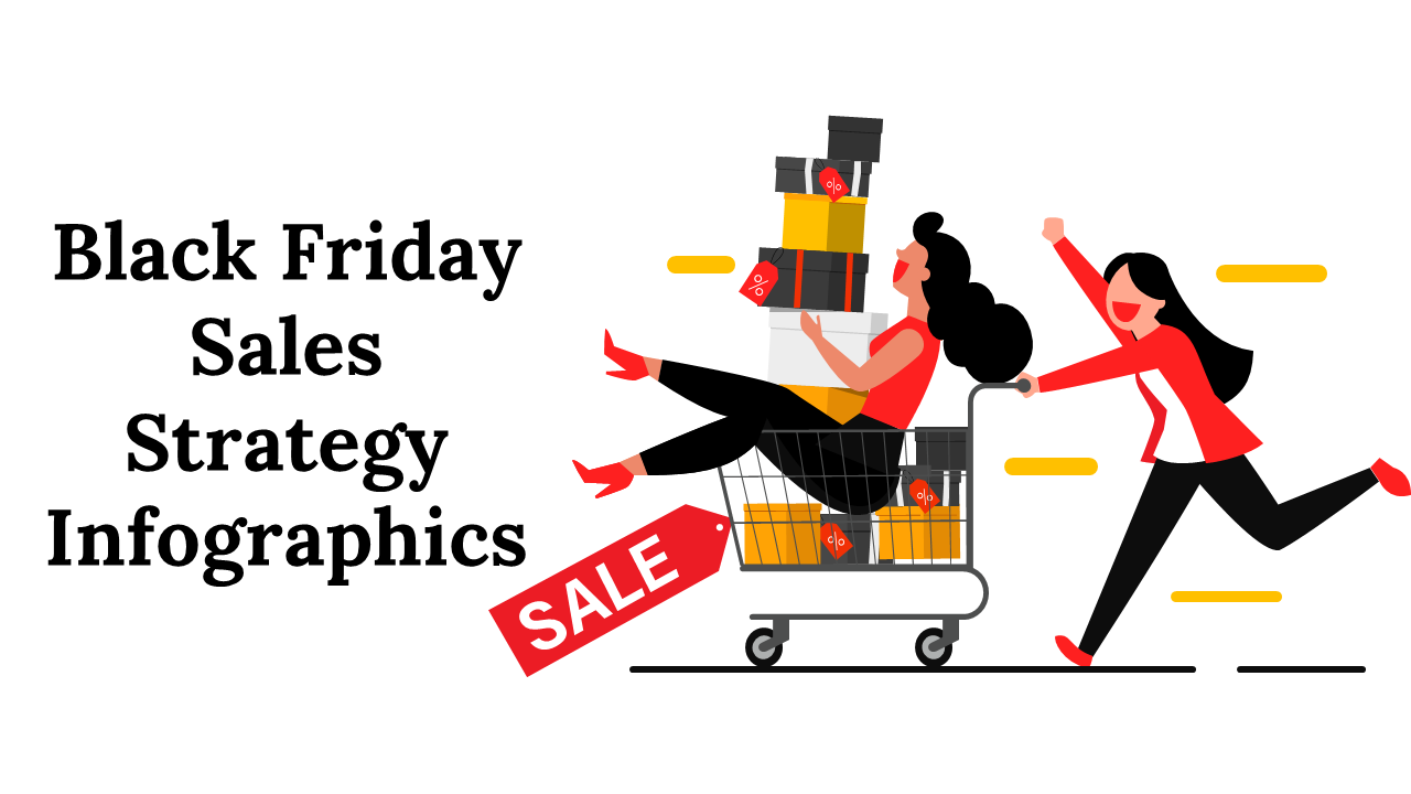 Black Friday sales slide deck with red, yellow, and black infographics, showcasing data, flowcharts, and strategy visuals.