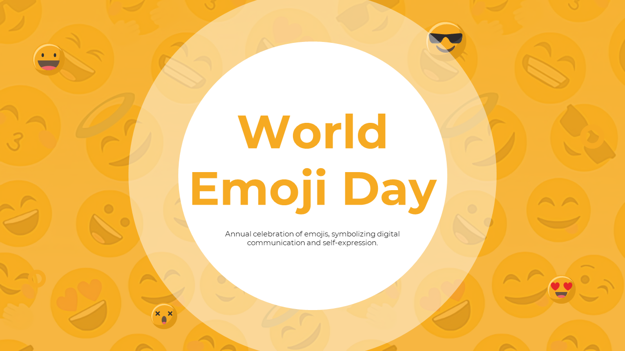 World emoji day template featuring colorful slides on emoji history, digital communication, and pop culture.