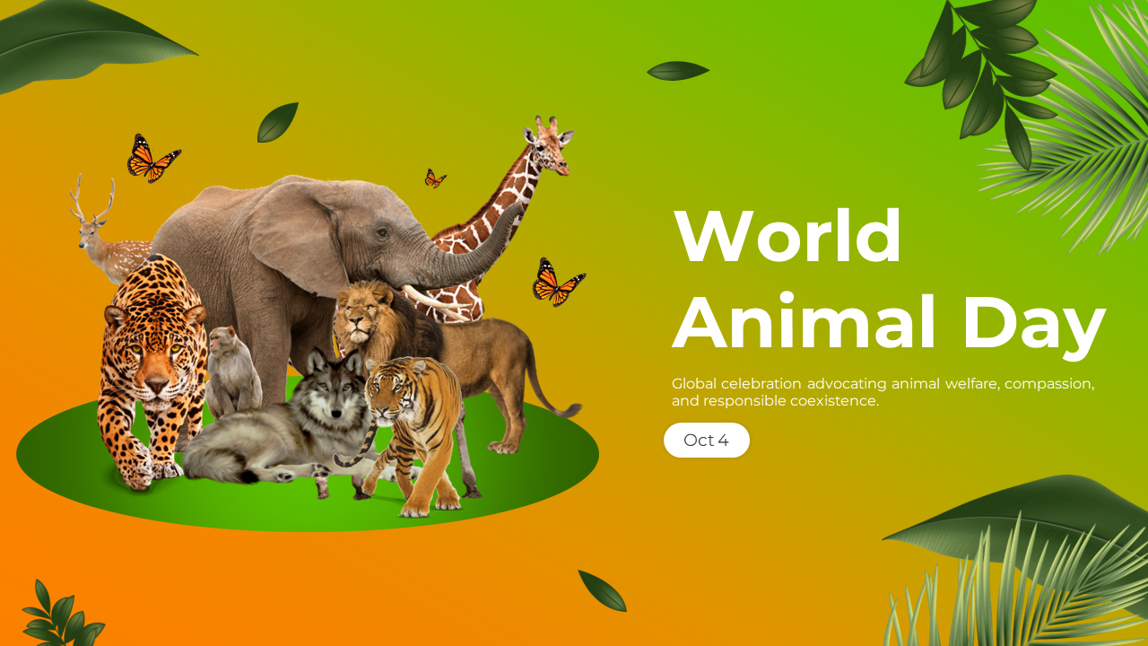 World animal day slide pack with green and orange background, showcasing animal welfare and conservation.