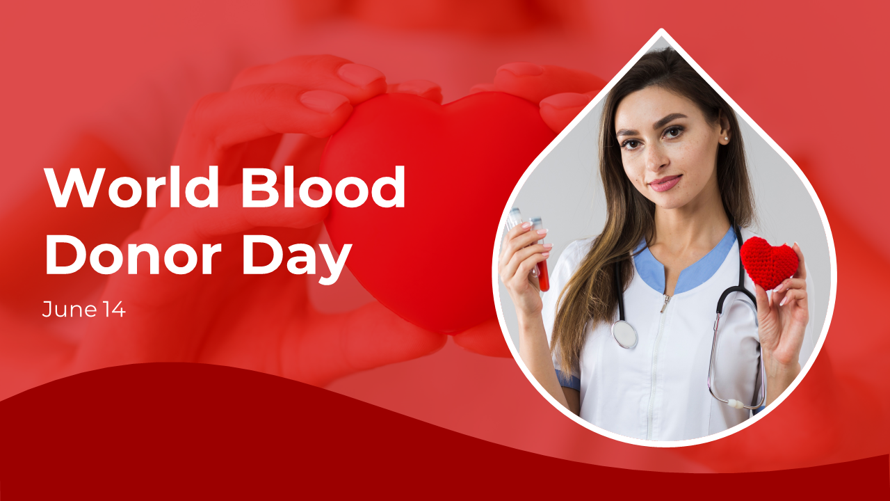 World blood donor day slides featuring many key information with text descriptions on a red theme.