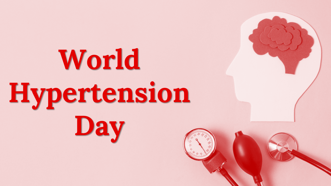 World Hypertension Day text next to a head silhouette with a brain illustration and a blood pressure monitor.