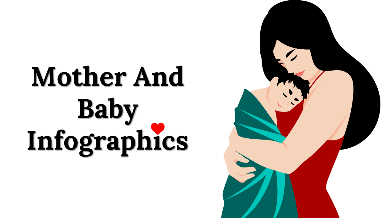 Slide deck of mother and baby infographics featuring illustrations of mothers with infants and various health-related charts.