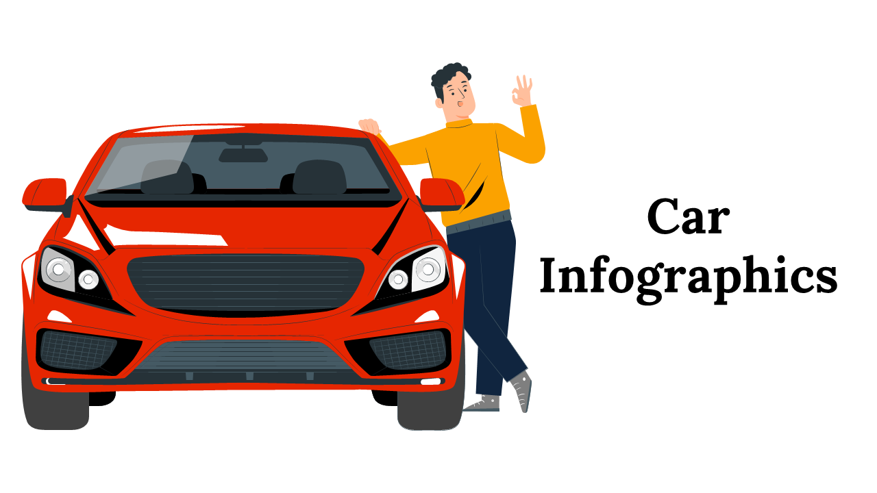 Car Infographics slide deck featuring an illustration of a person standing beside a red car with text on the right.