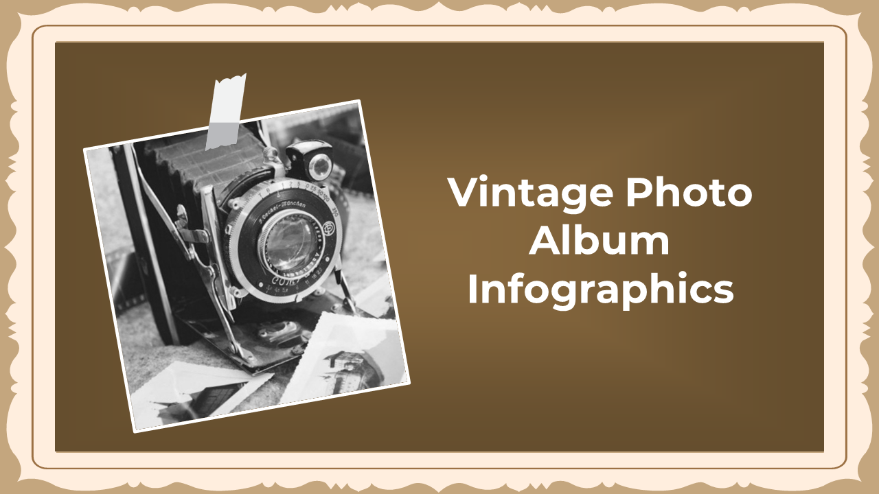 Vintage photo album infographics slide deck featuring a black-and-white photo of a vintage camera on a brown background.