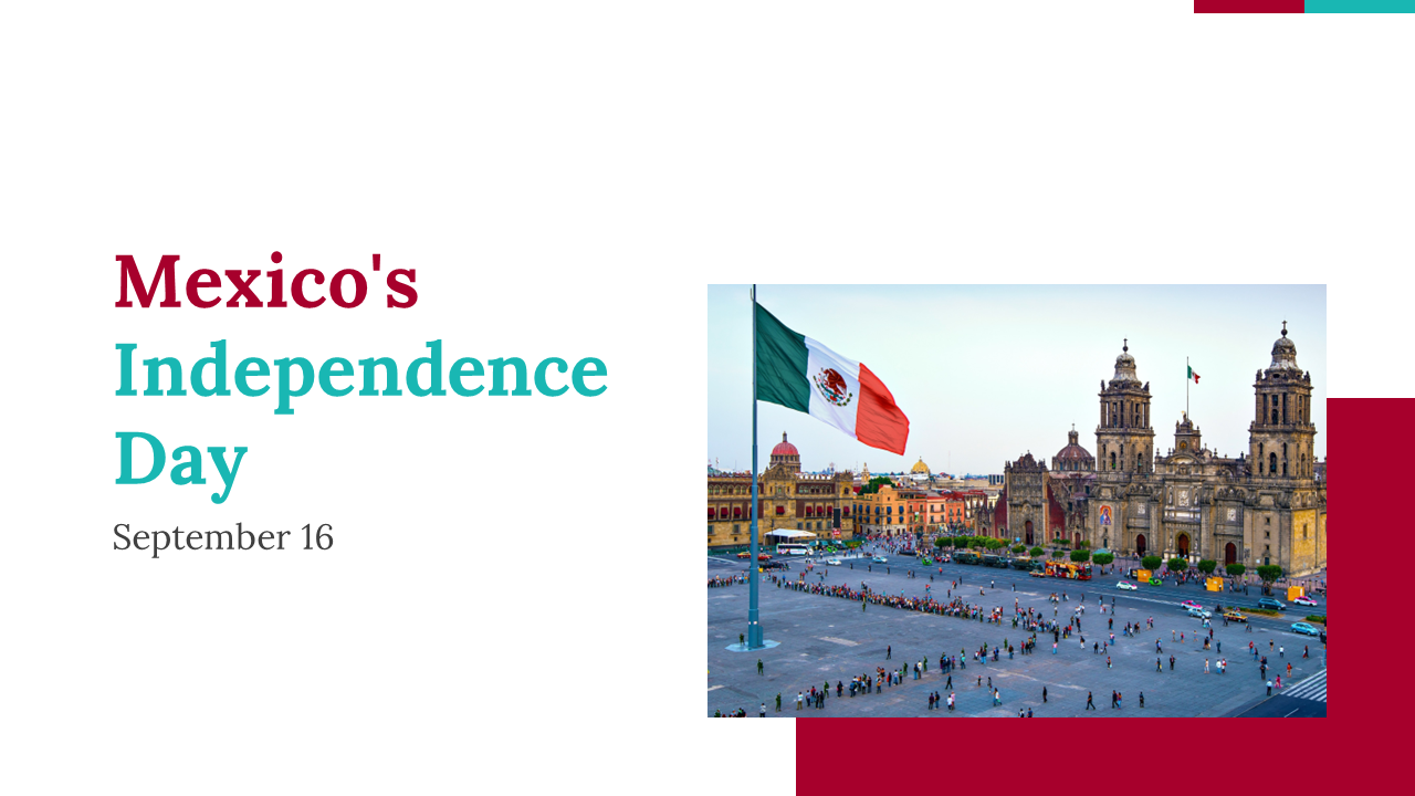 Mexico Independence day slides covering its history, traditions, key figures, and celebrations, with red accents.