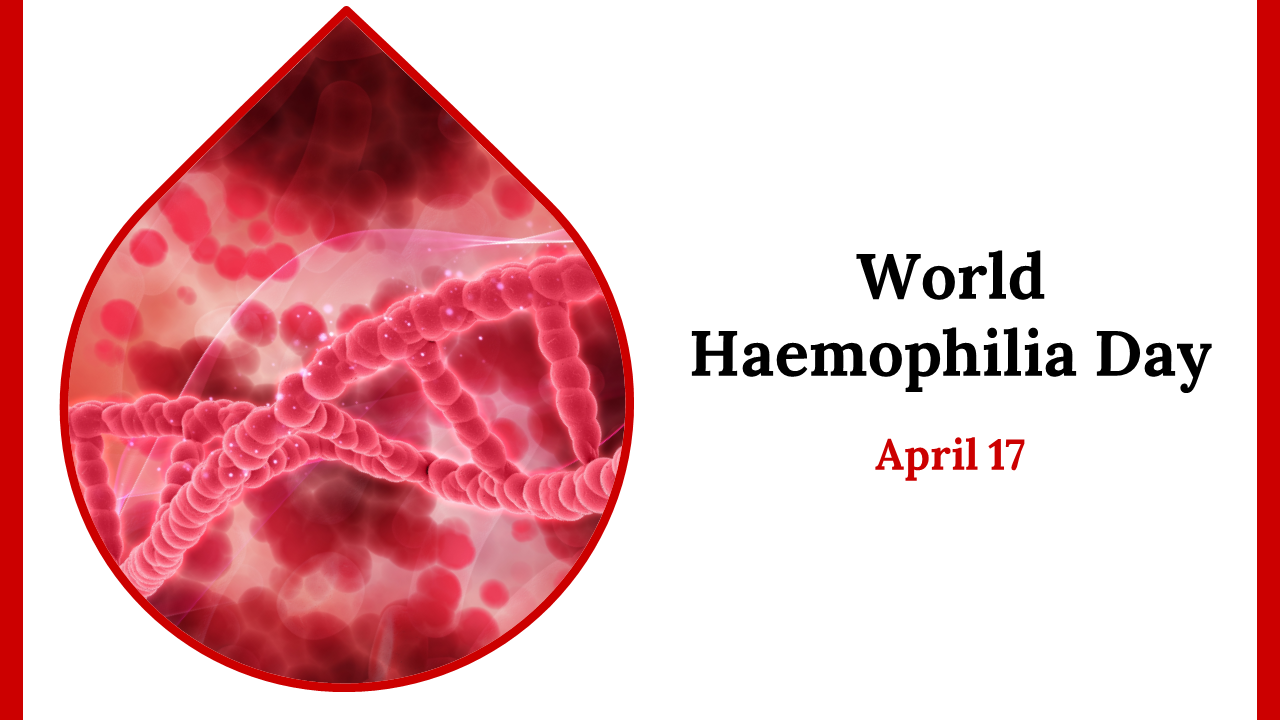 World haemophilia day slides featuring a graphic of a blood drop and DNA strands, highlighting April 17.