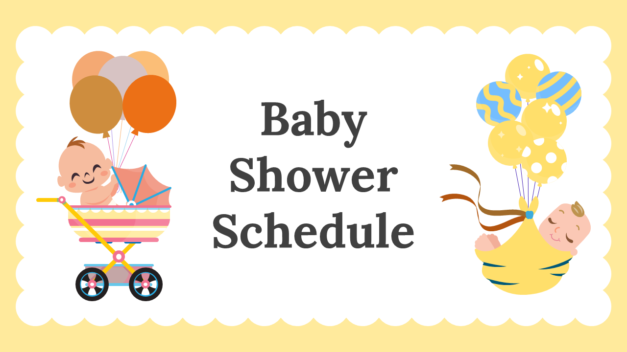 A pack of baby shower schedule slides with cute baby illustrations and colorful balloons, featuring various layout designs.