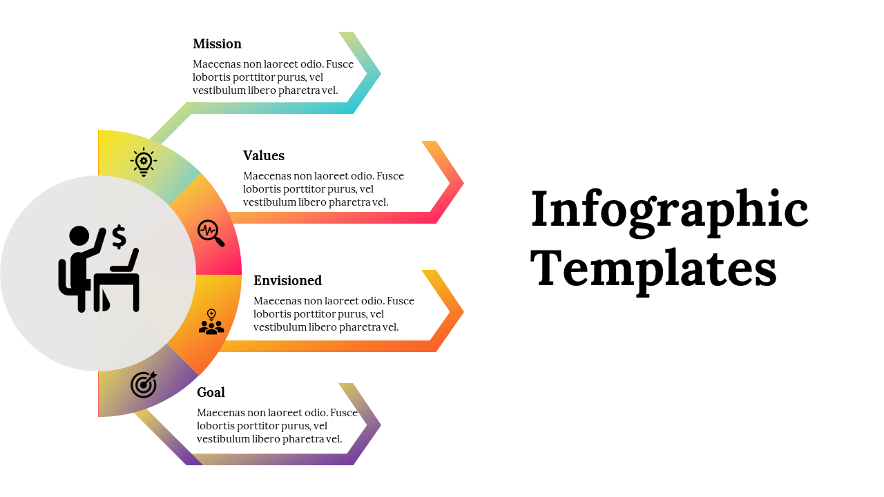 Infographic presentation with slides featuring various charts, graphs, and icons to visually represent data.