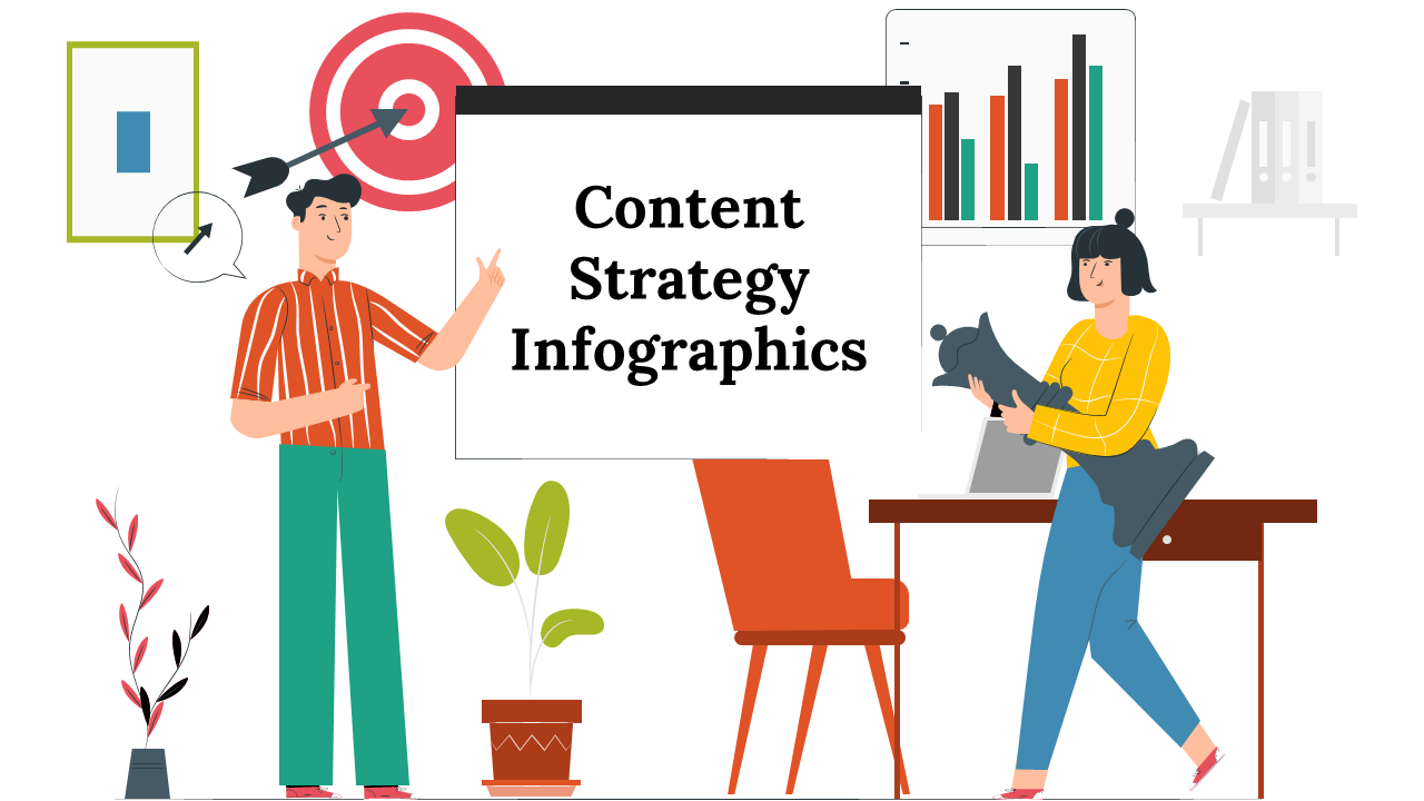 Slide deck featuring vibrant content strategy infographics with hexagonal, circular, and rectangular shapes in bold colors.