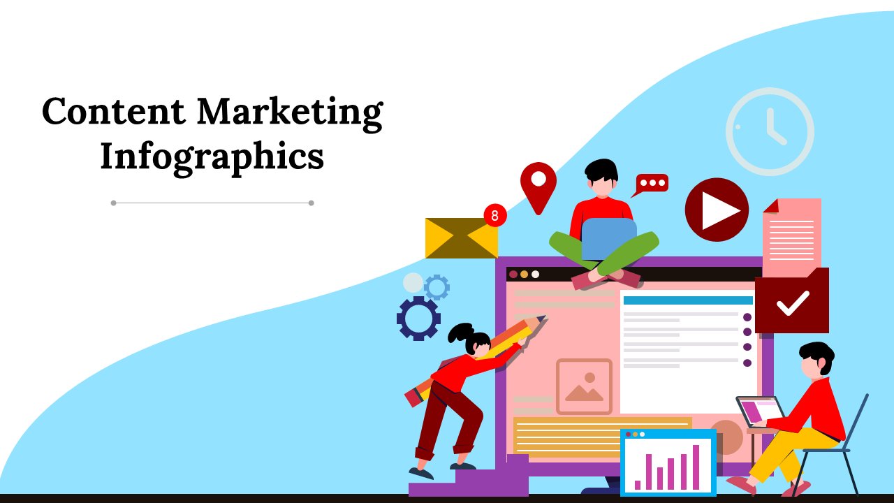 Diverse set of content marketing infographics, featuring icons, charts, and illustrations for various marketing concepts.