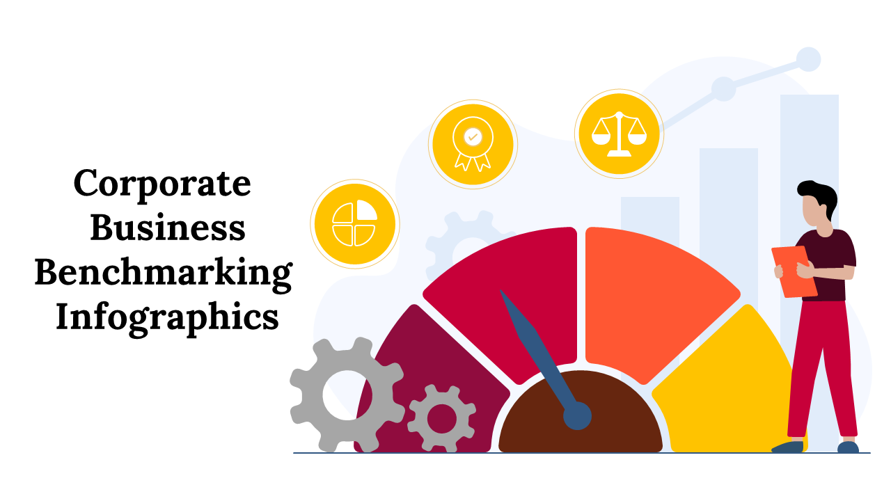 Corporate benchmarking infographics slide deck cover with icons and slide previews showing various business metrics.