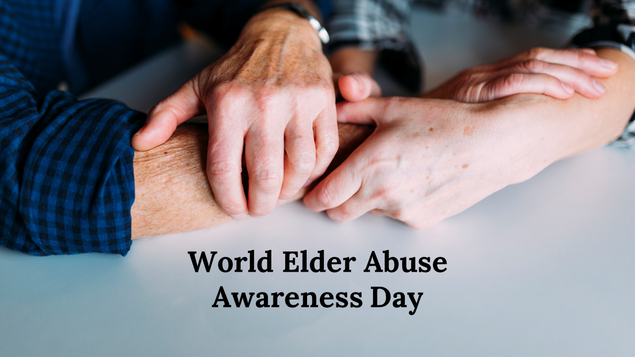 Slide deck on elder abuse awareness, with sections covering history, types, facts, and related events, in brown tones.