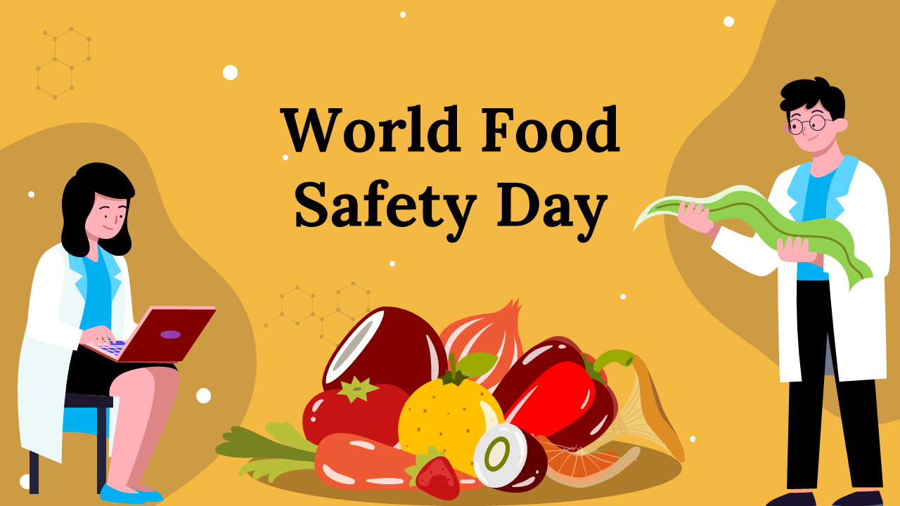 Colorful world food safety day template featuring various slides on food-related topics with illustrations of health experts.