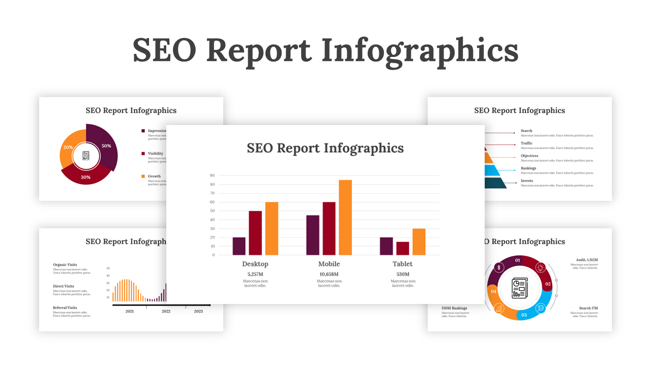 SEO report infographic slide deck showcasing various data charts, bar graphs, pie charts, and flow diagrams in bold colors.