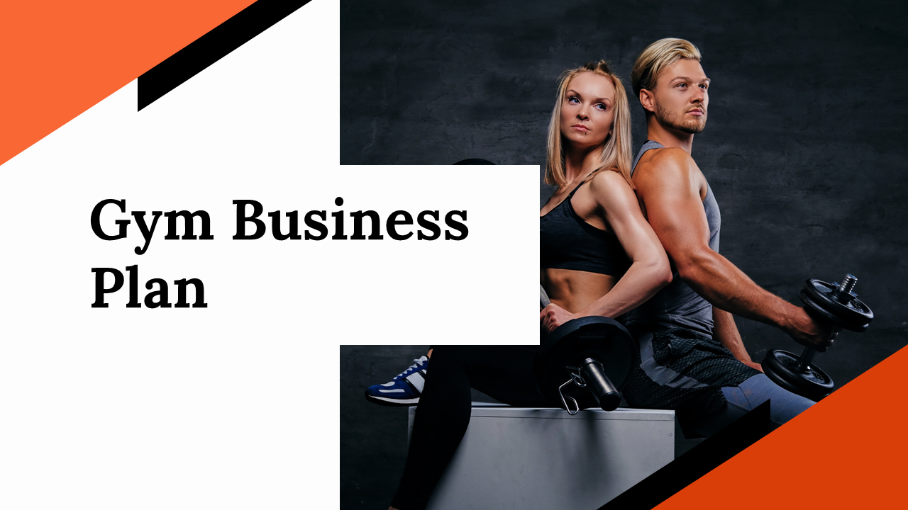 Red and white themed slide deck featuring fitness imagery, covering financial plans, target analysis, and competitors.