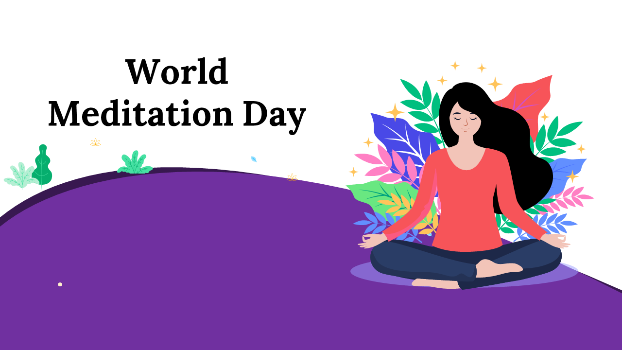 Slide deck with illustrations of people meditating, with a purple themed layout and content related to World Meditation Day.