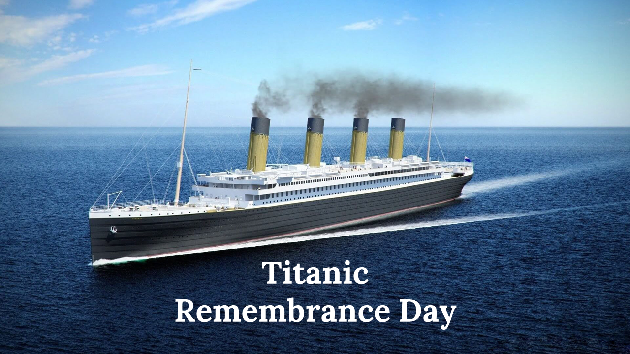 Slide deck showcasing Titanic images and historical details remembering the ship's sinking with oceanic backgrounds.