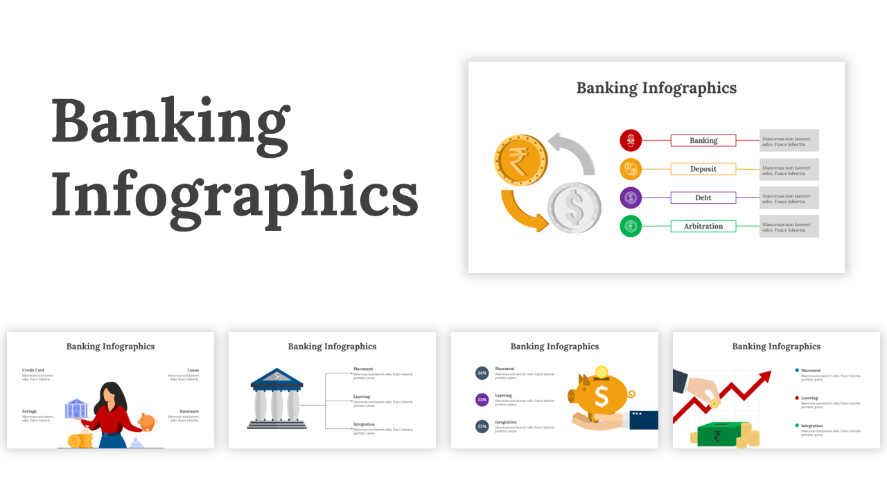 Slide deck showcasing multiple banking themed infographics with icons, charts, and financial symbols across various layouts.