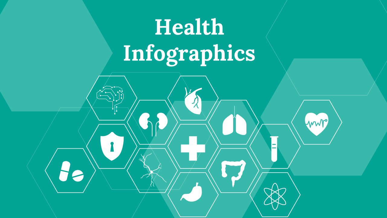 Comprehensive health infographics PowerPoint template with sections on health benefits, exercise, and medical statistics.