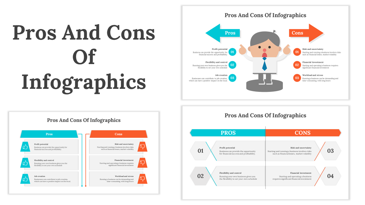 Pros and cons infographic slides featuring arrows, comparison tables, and colorful icons for decision making presentations.