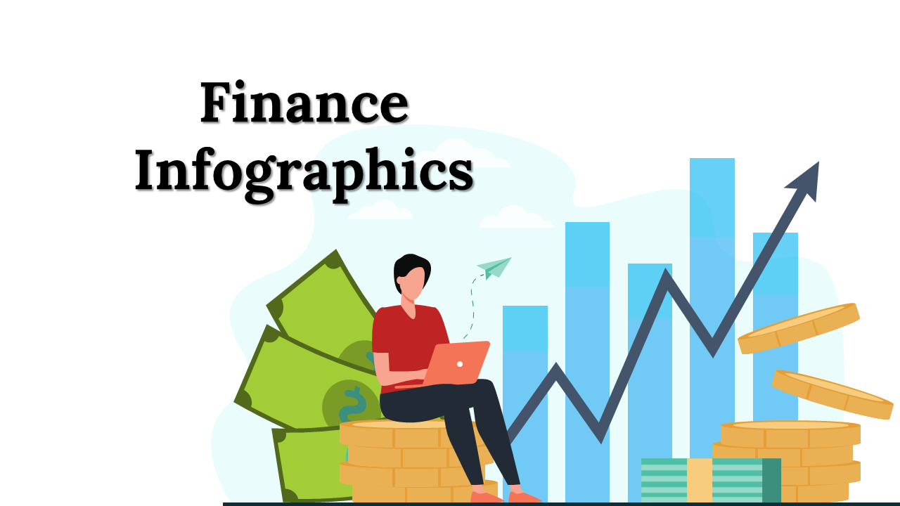 Colorful finance themed slide deck with various infographics like money bags, scales, piggy banks, and growth charts.