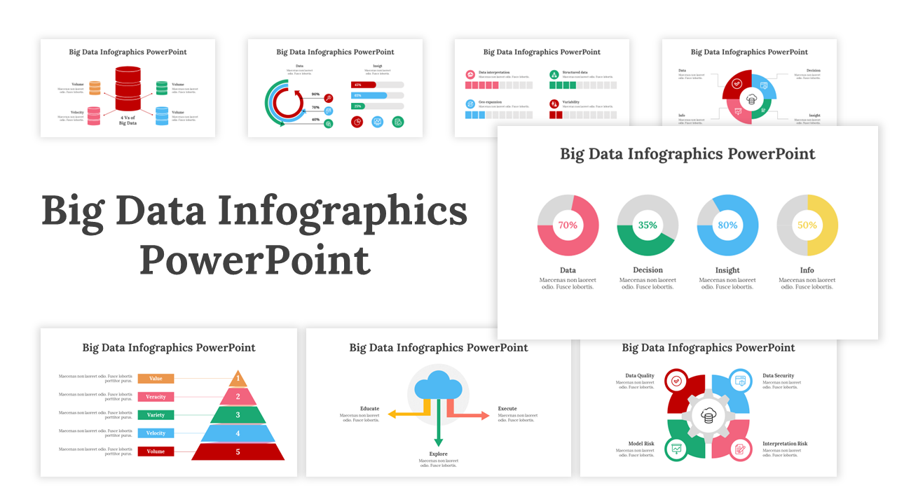 Big data infographics slide deck with various visualization elements like charts, graphs, and icons in colorful layouts.