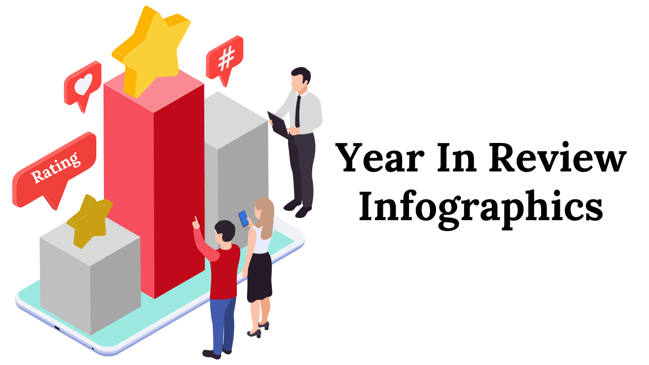 Infographic slide pack with charts, graphs, and visual elements showing a year in review, featuring colorful designs.